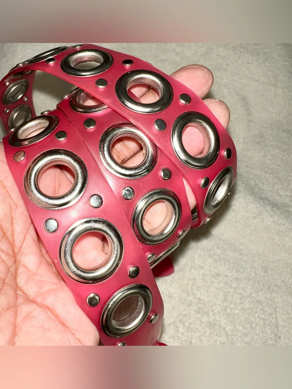 Y2K Hot Pink Jelly Grommet Belt Silver Tone Eyelets Retro 2000s Accessory 38”